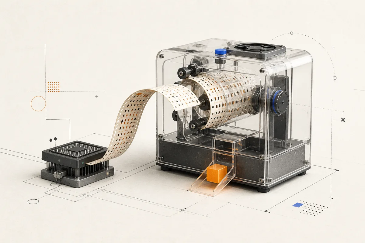 An illustrated computer chip feeding paper guesses through a transparent proof-of-work machine